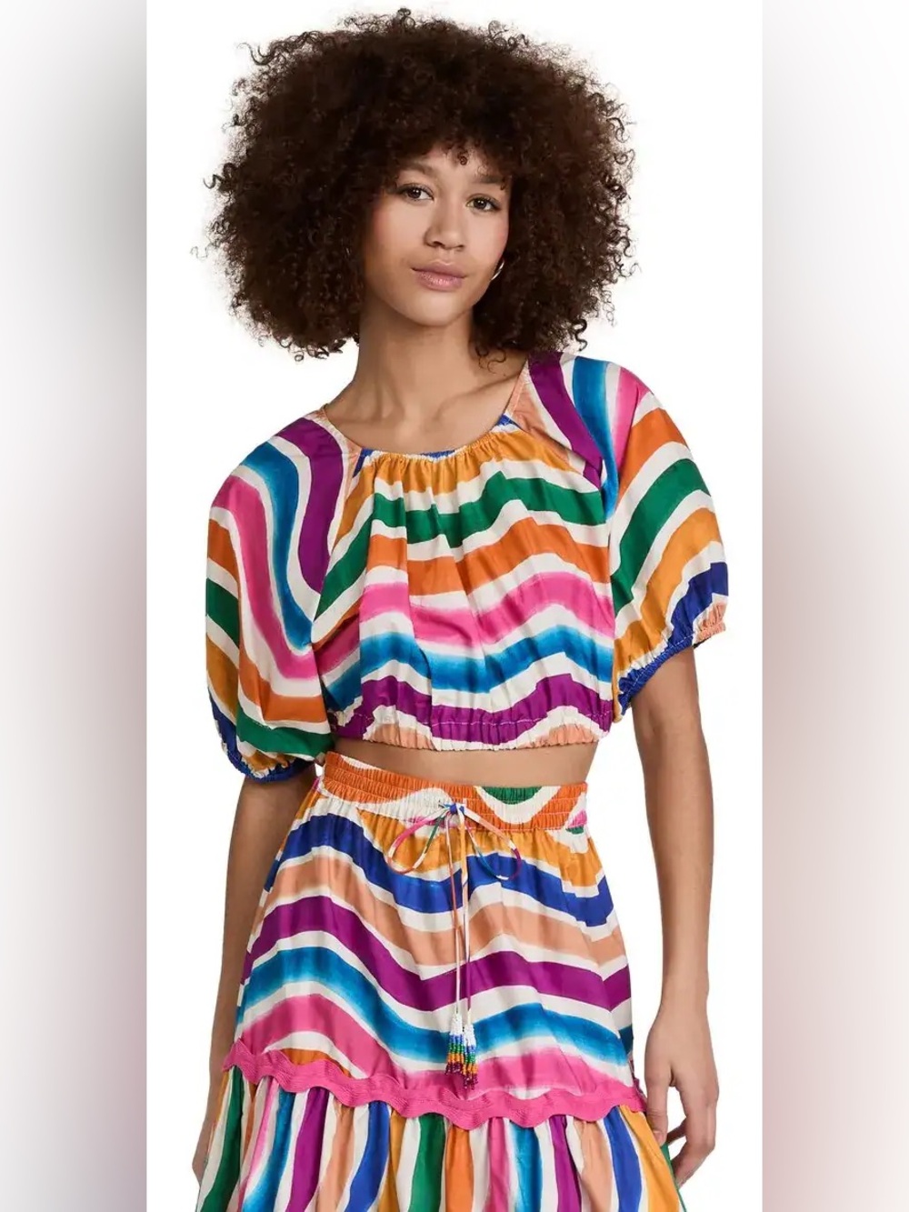 Farm Rio Dancing Stripes Crop Puff Sleeve 100% Cotton Blouse Multicolored - Picture 3 of 13